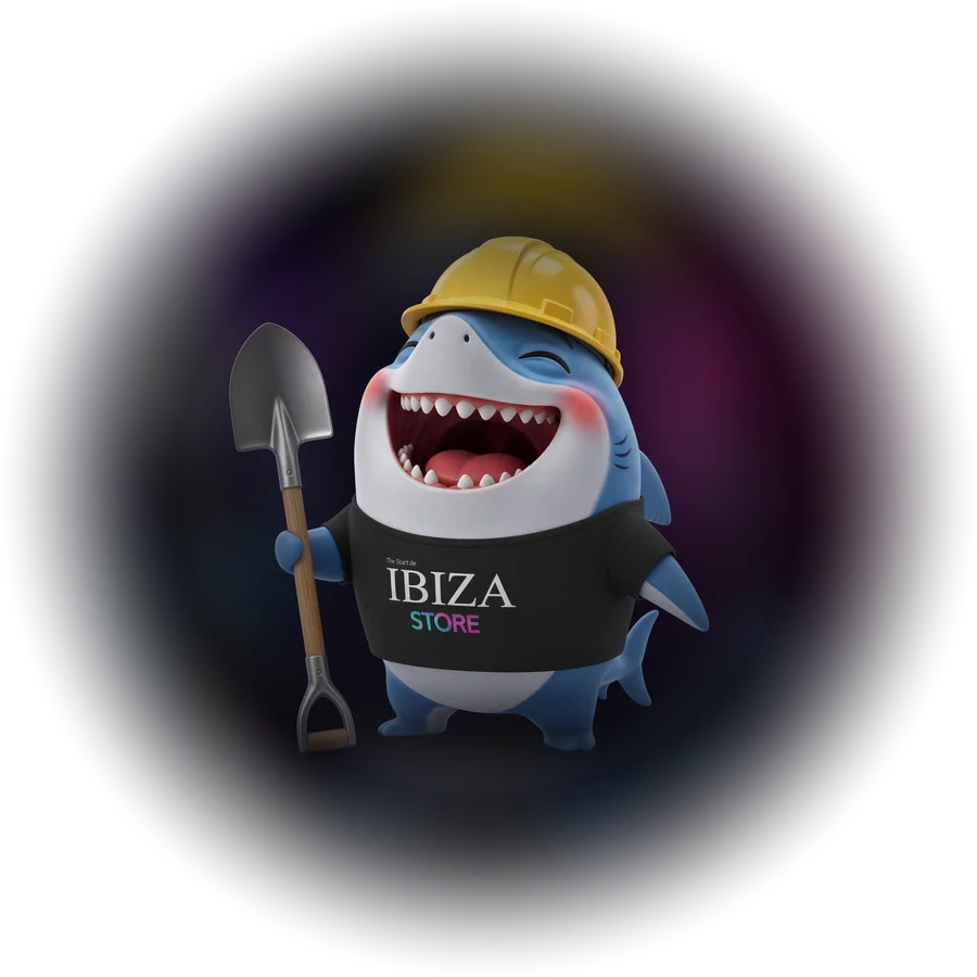 El tiburón de Ibiza Store con casco y pala